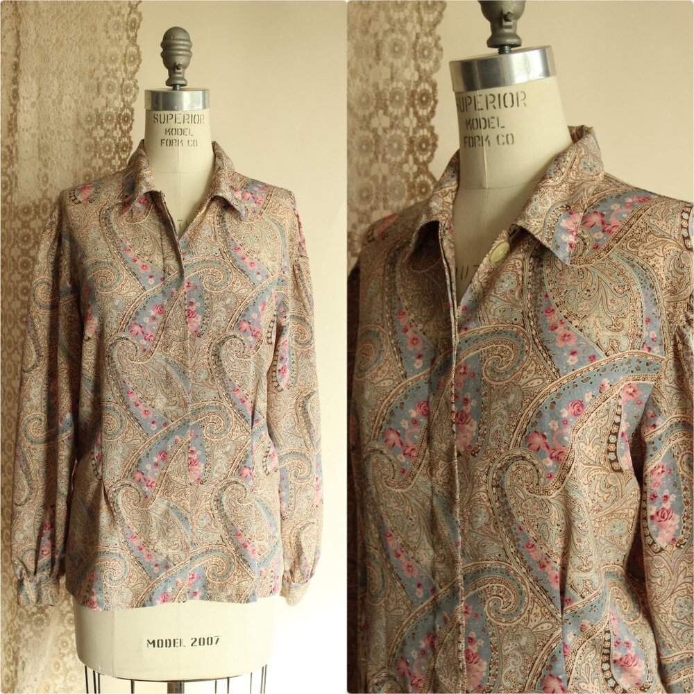 Vintage 1990s Blouse, Koret Blue And Pink Paisley Floral Print Size 8